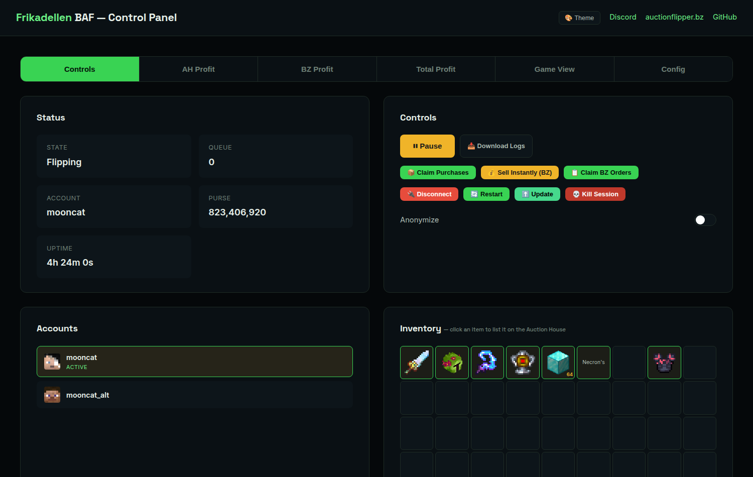 The Frikadellen BAF web panel: status, controls, accounts and Minecraft inventory